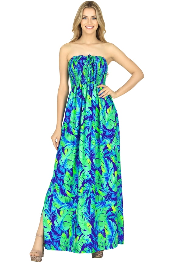 Women's Beach Maxi A-Line Casual Summer Slit Party Strapless Tube Top Dress One Size Blue, Leaves