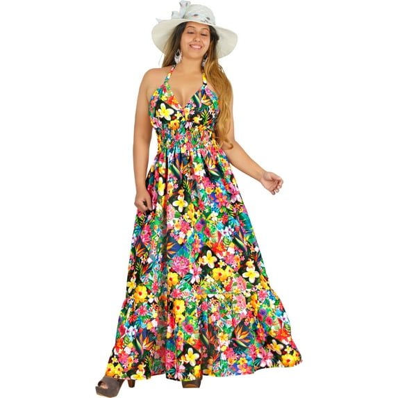 LA LEELA Women's Beach Summer A-Line Maxi Smocked Top Frill Dress Long Sleeveless Casual Tube Dresses for Women S-M Multi, Floral