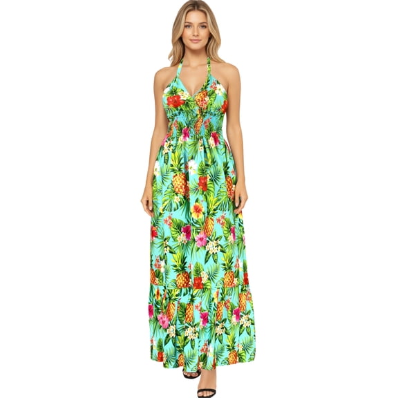 LA LEELA Women's Beach Summer A-Line Maxi Smocked Top Frill Dress Long Sleeveless Casual Tube Dresses for Women S-M Shamrock Green, Floral