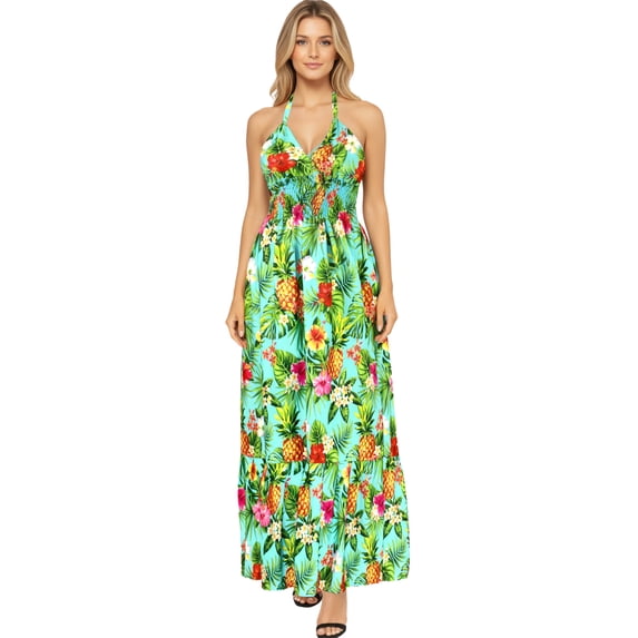 LA LEELA Women's Beach Summer A-Line Maxi Smocked Top Frill Dress Long Sleeveless Casual Tube Dresses for Women S-M Shamrock Green, Floral