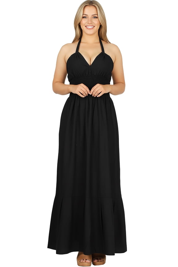 Women's Beach Summer Solid Halter Tube Top Maxi Evening Frill Dress Casual Dresses for Women S-M Black, Solid