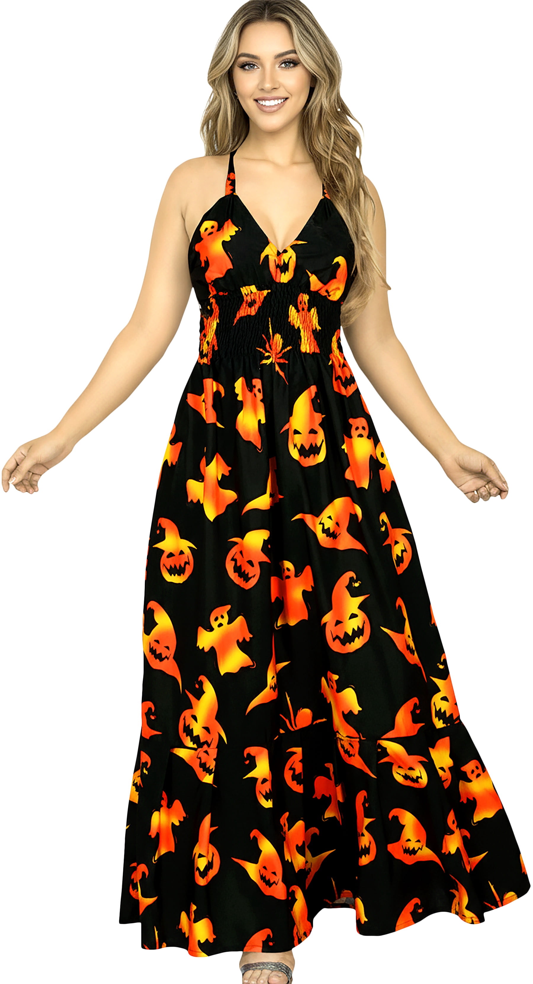 LA LEELA Women's Beach Summer Vintage Halloween Costumes Halter Neck Frill Scary Pumpkin Party Dress Flowy Elastic Waist Sundresses for Women S-M Orange Ghost, Black - Walmart.com LA LEELA Women's Beach Summer Vintage Halloween Costumes Halter Neck Frill Scary Pumpkin Party Dress Flowy Elastic Waist Sundresses for Women S-M Orange Ghost, Black - Walmart.com