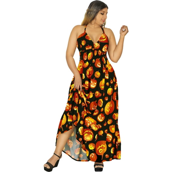 LA LEELA Women's Beach Summer Vintage Halloween Costumes Pumpkin Evening Party Halter V Neck Maxi Frill Dresses Flowy Elastic Waist Dress for Women S-M Orange, Pumpkin