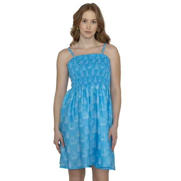 LA LEELA Women's Beach Vacation Summer Holiday Short Tube Top Wedding Ruched Evening Dress Strapless Dresses for Women L-XL Blue Boat