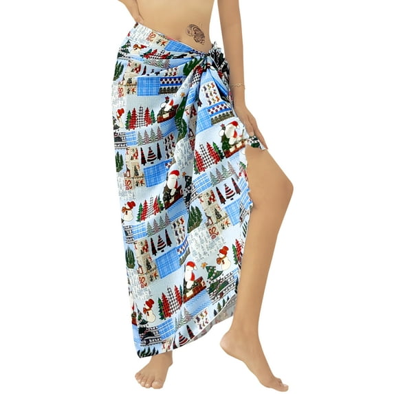 LA LEELA Women's Beachwear Beach Santa Sarong Bikini Coverups Bathing suit Wrap Swimwear Gifts Cover Up Wraps Christmas Tree One Size Blue Santa