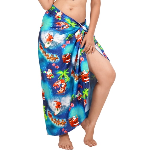 LA LEELA Women's Beachwear Beach Santa Sarong Bikini Coverups Wrap Swim Cover Up Pareo Wraps Christmas Bathing Suit for Women One Size Reindeer, Blue