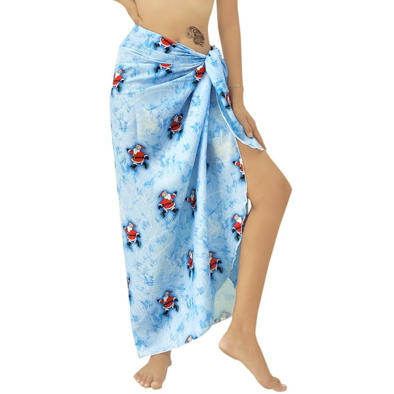 LA LEELA Women's Beachwear Christmas Tree Santa Sarong Wrap Bathing suit Swimwear Swim Cover Up Wraps Beach Coverups for Women One Size Blue Santa
