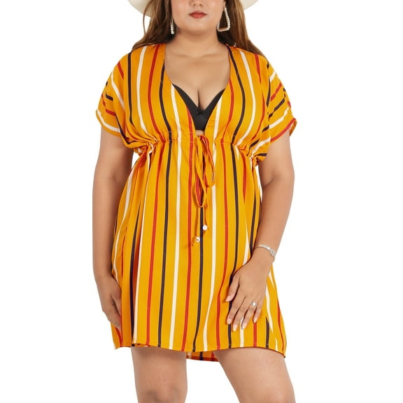 LA LEELA Women's Beachwear Summer Swim Beach Cover ups for Swimwear Women Bikini Dress Swimsuit Coverups Cover up M-L Mustard, Stripes