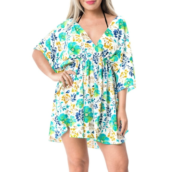 LA LEELA Women's Beachwear Summer Swim Beach Dress Cover ups for Swimwear Women Short Fall Swimsuit Coverups for Women Tops L-XL Teal_ac345