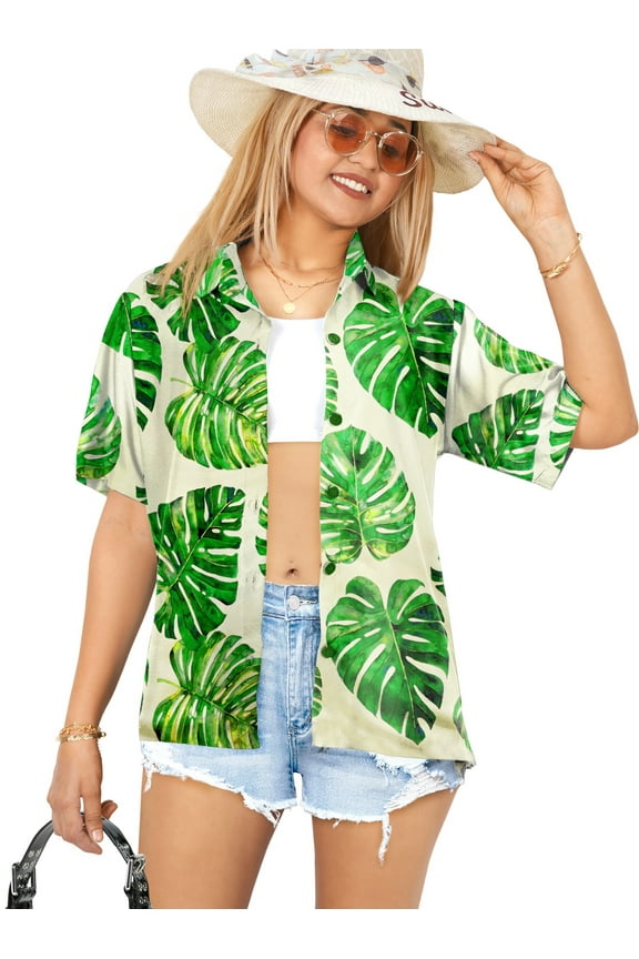 Women's Blouses Button Down Short-Sleeve Tops Bohemian Vacation Beach Hawaiian Shirt Relaxed Fit Shirts For Women M Tropical Leaf, Green