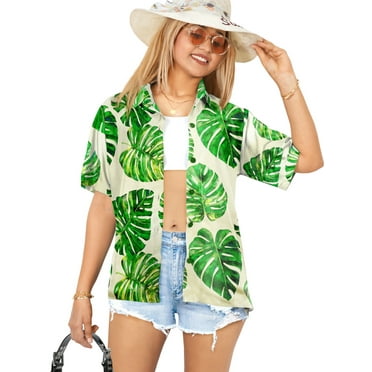LA LEELA Women's Blouses Button Down Short-Sleeve Tops Bohemian Vacation Beach Hawaiian Shirt Relaxed Fit Shirts For Women XL Tropical Leaf, Green
