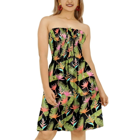 LA LEELA Women's Boho Halter Smocked Mini Flowy Beach Dress Tube Top Strapless Dresses for Women One Size Leaves, Black