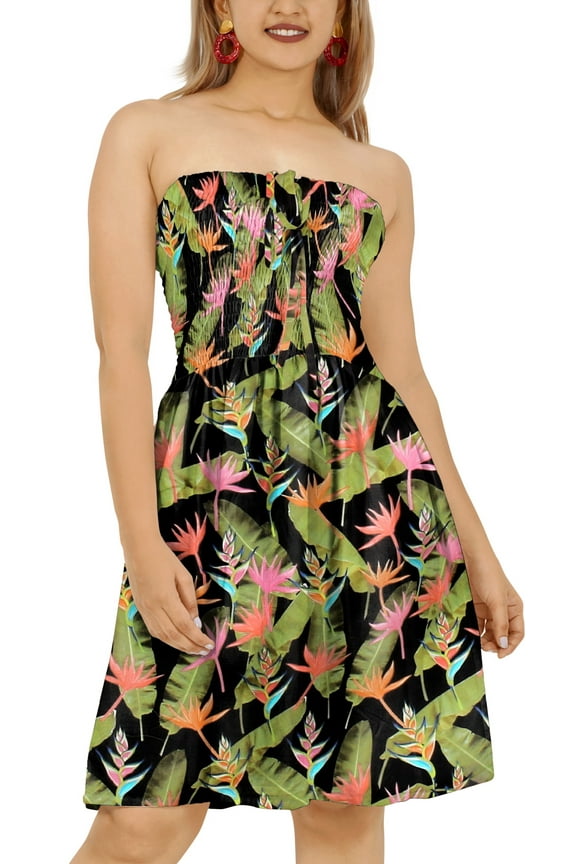 Women's Boho Halter Smocked Mini Flowy Beach Dress Tube Top Strapless Dresses for Women One Size Leaves, Black