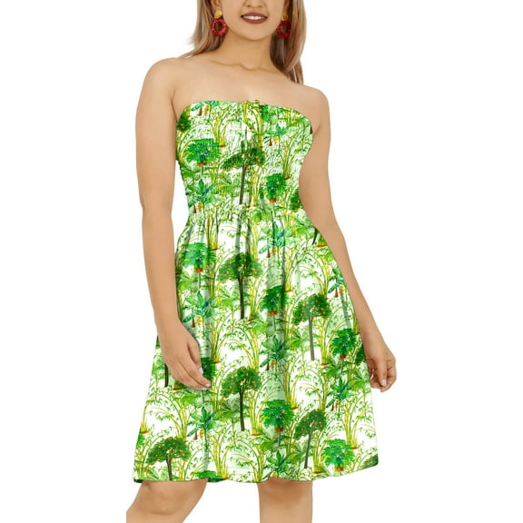 LA LEELA Women's Boho Halter Smocked Mini Flowy Beach Dress Tube Top Strapless Dresses for Women One Size Trees, Green