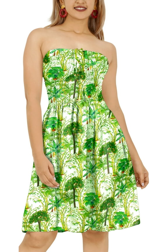 Women's Boho Halter Smocked Mini Flowy Beach Dress Tube Top Strapless Dresses for Women One Size Trees, Green