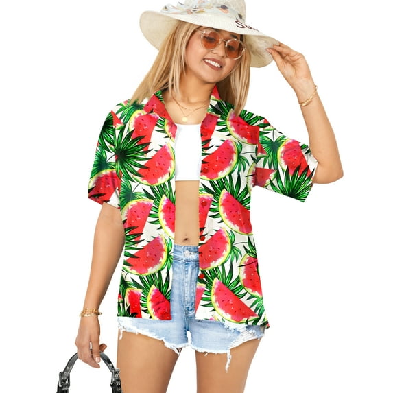 LA LEELA Women's Button Down Blouses Casual Beach Party Blouse Shirt Summer Short Sleeve Tropical Vacation Dress Hawaiian Shirts for Women M Leaf, Red