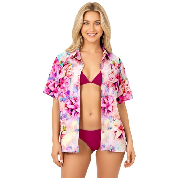 LA LEELA Women's Button Down Blouses Casual Summer Beach Party Blouse Shirt Dressy Blouses Short Sleeve Vacation Hawaiian T Shirts for Women XL Lotus, Autumn Pink