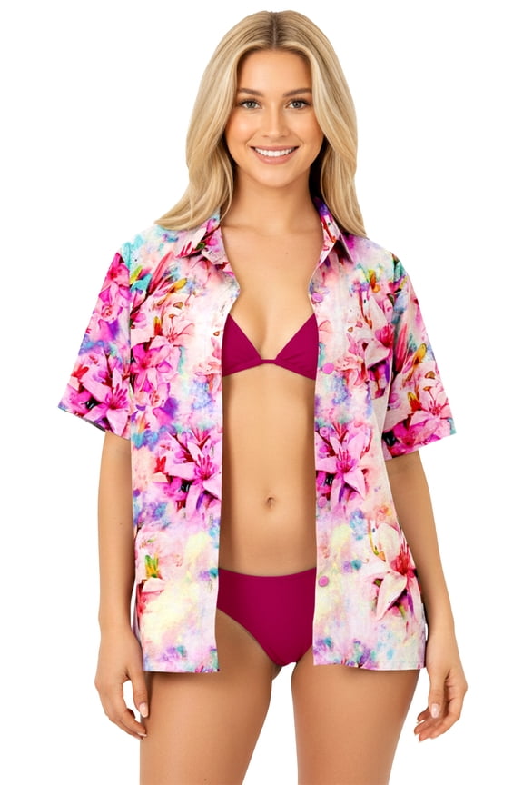 Women's Button Down Blouses Casual Summer Beach Party Blouse Shirt Dressy Blouses Short Sleeve Vacation Hawaiian T Shirts for Women XL Lotus, Autumn Pink
