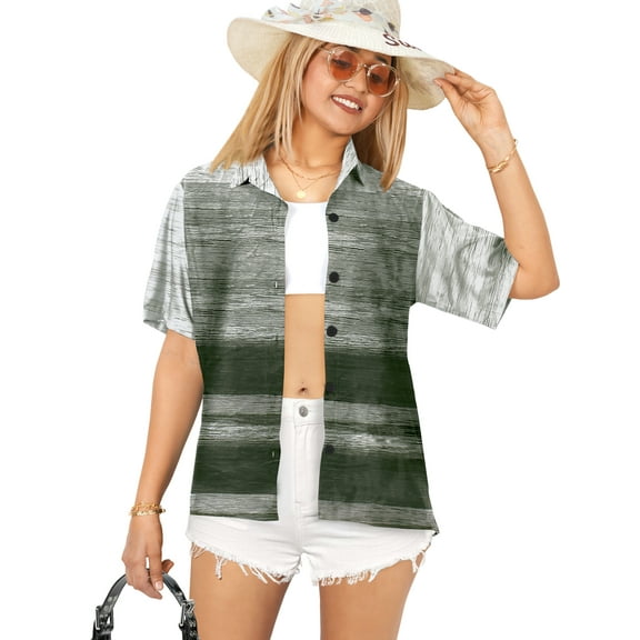 LA LEELA Women's Button Down Blouses Casual Summer Beach Party Blouse Shirt Hawaii Blouses Short Sleeve Tropical Vacation Button up Dress Hawaiian Shirts for Women M Stripes, Grey