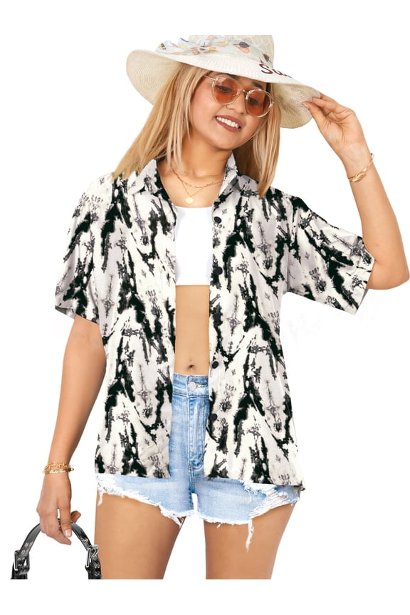 Women's Button Down Blouses Casual Summer Beach Party Blouse Shirt Hawaiian T-Shirt Blouses Short Sleeve Vacation Dress Tee Shirts Tops for Women S Tie Dye Leaves, Black