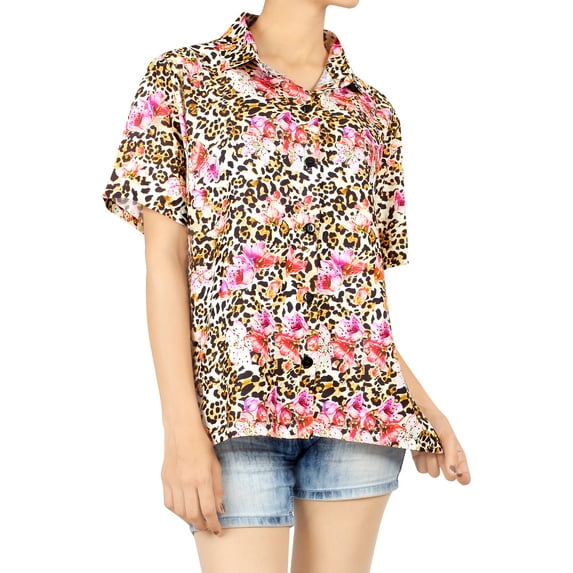 LA LEELA Women's Button Down Blouses Casual Summer Beach Party Blouse Shirt Leopard Print Blouses Short Sleeve Shirts Hawaiian Dresses for Women L Ditsy Floral, Multicoloured