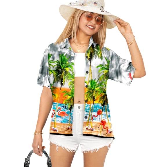 LA LEELA Women's Button Down Blouses Casual Summer Beach Party Blouse Shirt Open Front Blouses Short Sleeve Vacation Hawaiian Dresses for Women S Sea Flamingo, Grey