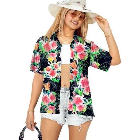 LA LEELA Women's Button Down Blouses Casual Summer Beach Party Blouse Shirt Short Sleeve Tropical Vacation Dress Hawaiian Shirts Tank Top Women L Hibiscus Floral, Black
