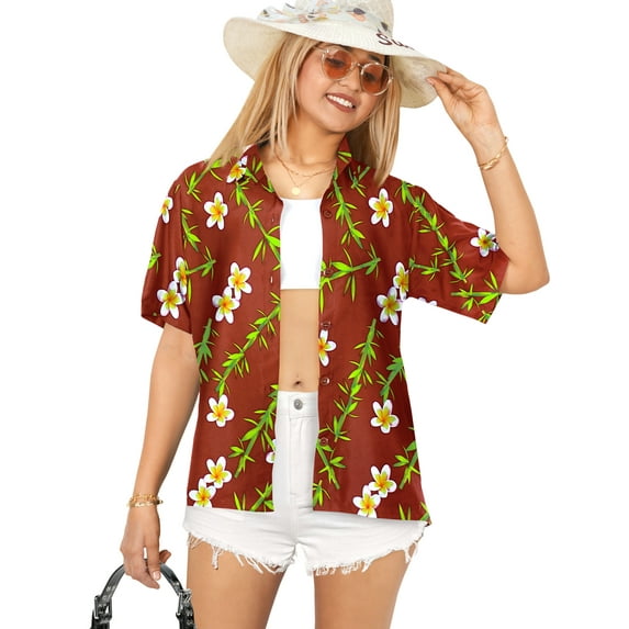 LA LEELA Women's Button Down Blouses Casual Summer Beach Party Blouses Shirt Tropical Blouse Short Sleeve Hawaiian Dresses for Women M Plumeria Floral, Autumn Maroon