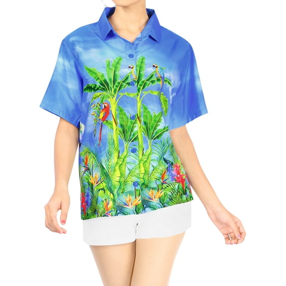 LA LEELA Women's Button Down Blouses Casual Summer Beach Party Shirt V Neck Blouse Short Sleeve Vacation Button up Dress Hawaiian Shirts for Women M Cockatoo Leaf, Blue