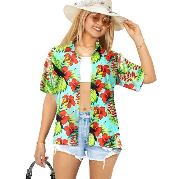 LA LEELA Women's Button Down Blouses Casual Summer Beach Party Short Sleeve Blouse Shirt Floral Blouses Button up Hawaiian Dresses for Women S Cuckatoo, Autumn Green
