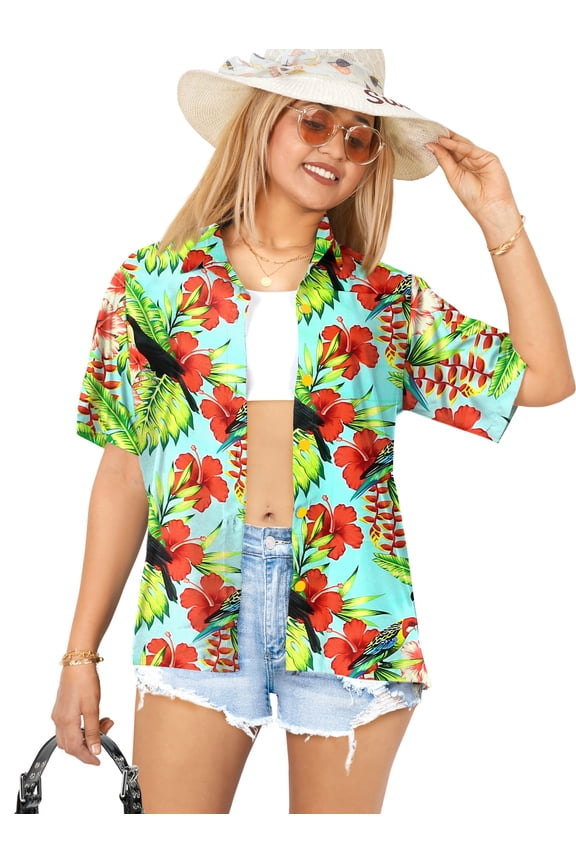 Women's Button Down Blouses Casual Summer Beach Party Short Sleeve Blouse Shirt Floral Blouses Button up Hawaiian Dresses for Women S Cuckatoo, Autumn Green
