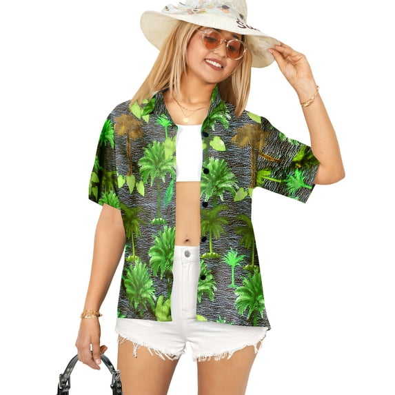 LA LEELA Women's Button Down Blouses Casual Summer Beach Party Short Sleeve Tropical Vacation Blouse Shirt Blouses Button up Dress Hawaiian Shirts for Women S Palm Tree, Black