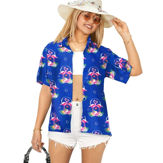 LA LEELA Women's Button Down Blouses Casual Summer Beach Party Short Sleeve Tropical Vacation Blouse Shirt TShirts Dress Shirts Blouses for Women L Flamingo Love, Blue