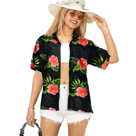 LA LEELA Women's Button Down Blouses Casual Summer Beach Party Short Sleeve Vacation Blouse Shirt Button up Dress Hawaiian Shirts Tank Top Women S Hibiscus Palm, Black