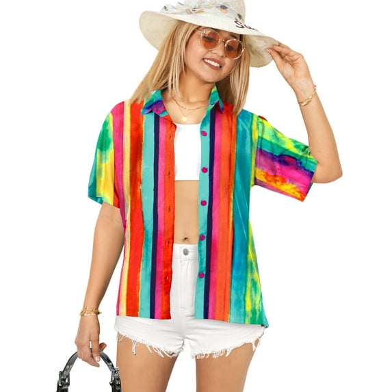 LA LEELA Women's Button Down Blouses Short Sleeve Vacation Tops Casual Summer Hawaiian Beach Party Holidays Outdoor Funky Shirt for Womens XL Stripe, Multicoloured