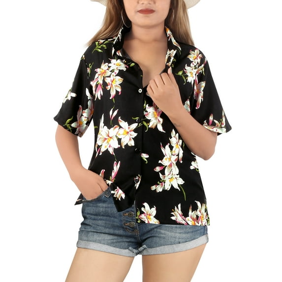 LA LEELA Women's Button Down Short Sleeve Tops Vacation Beach Dress Shirt Hawaiian Shirts Blouses for Women XL Floral, Black
