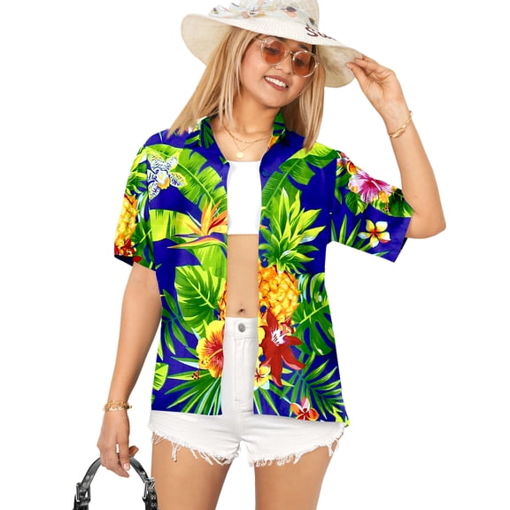 LA LEELA Women's Button Down Short Sleeve Tops Vacation Beach Dress Shirt Hawaiian Shirts Blouses for Women XL Tropical Hibiscus, Royal Blue