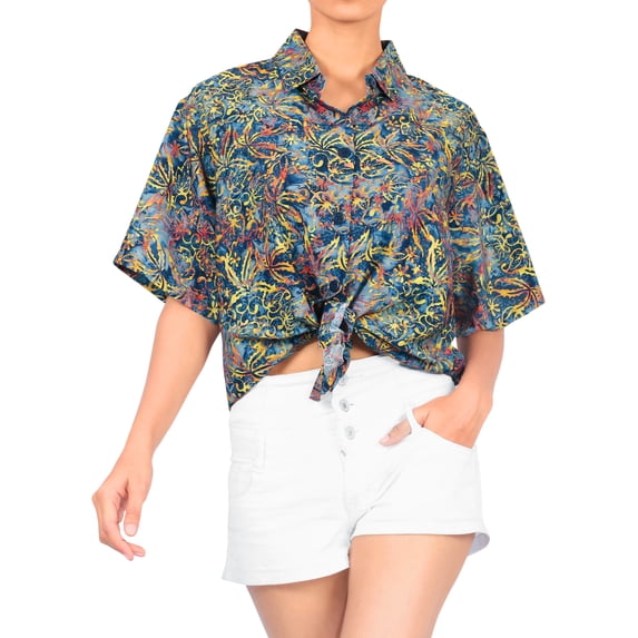 LA LEELA Women's Button Down Short-Sleeve Blouses Beach Hawaiian Shirt Party Dressy Vacation Casual Shirts For Women Trendy XL Floral Art, Multicolored