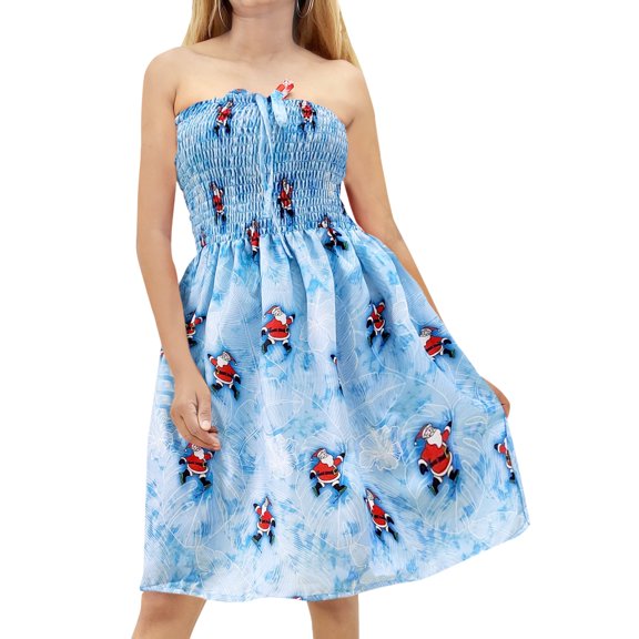 LA LEELA Women's Casual Beach A line Slit Smocked Mini Dress Ruched Tube Top Evening Short Strapless Christmas Tree Dresses for Women L-XL Blue Santa