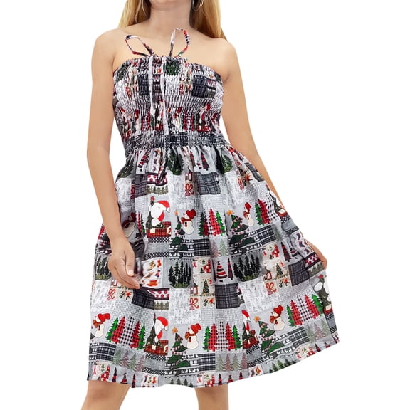 LA LEELA Women's Casual Beach A line Slit Smocked Mini Dress Ruched Tube Top Evening Short Strapless Christmas Tree Dresses for Women L-XL Grey Santa