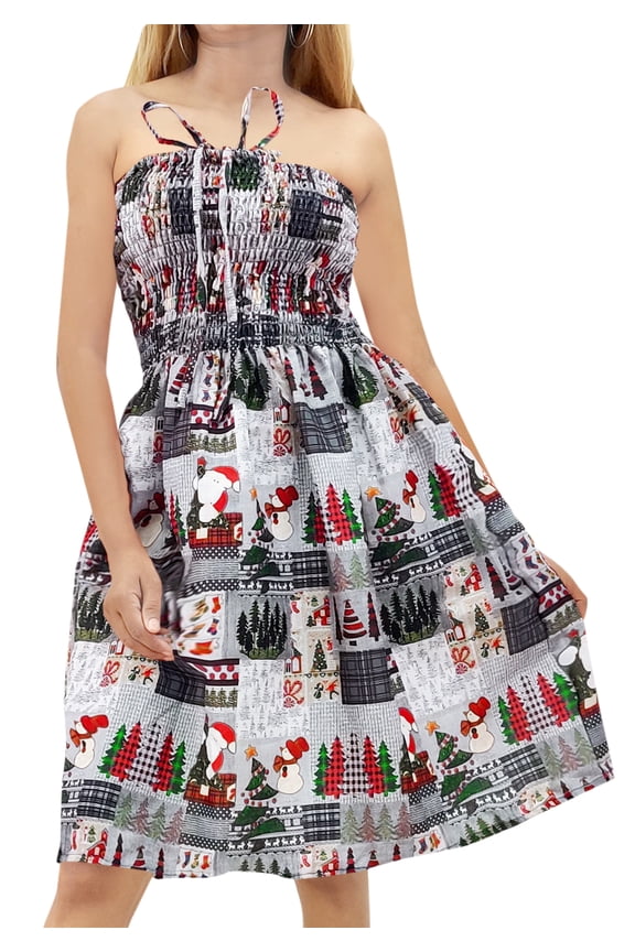 Women's Casual Beach A line Slit Smocked Mini Dress Ruched Tube Top Evening Short Strapless Christmas Tree Dresses for Women L-XL Grey Santa