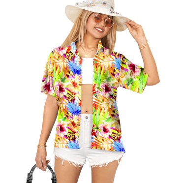 LA LEELA Women's Hawaiian Camp Shirt - Short Sleeve, Button Down, Vibrant Tropical Print, Relaxed Fit Tops