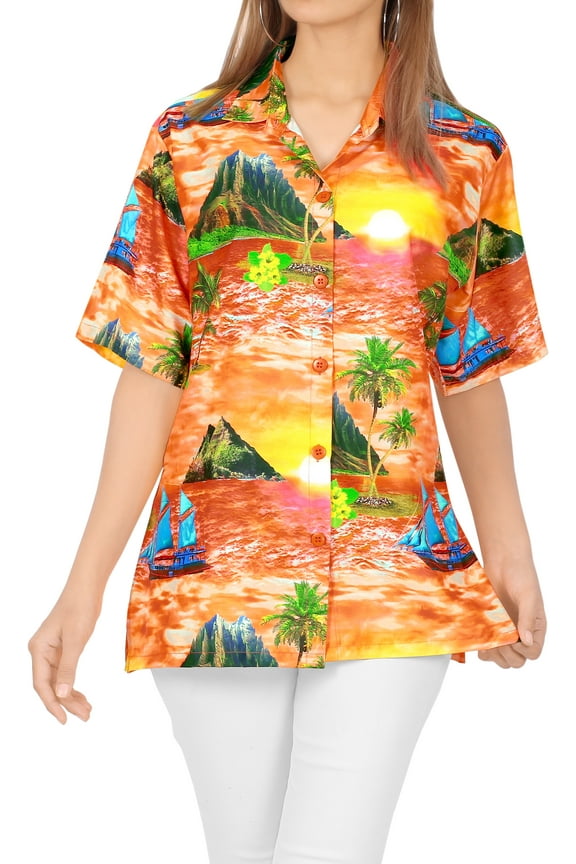 Women's Casual Beach Blouse Shirt Luau Party Blouses Short Sleeve Button Down Dress Tops Tee Shirts Hawaiian T Shirt for Women XL Beach Sunset, Orange