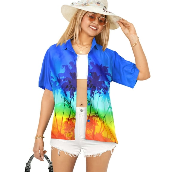 LA LEELA Women's Casual Beach Blouse Shirt Open Front Blouses Short Sleeve Button Up Dress Tops Tee Shirts Hawaiian Dresses for Women M Palm Trees, Blue