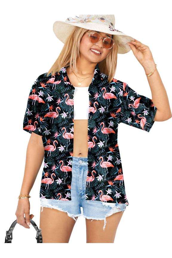 Women's Casual Beach Blouse Shirt Open Front Blouses Short Sleeve Button Down Dress Tops Tee Shirts Hawaiian Dresses for Women XXL Flamingos, Black