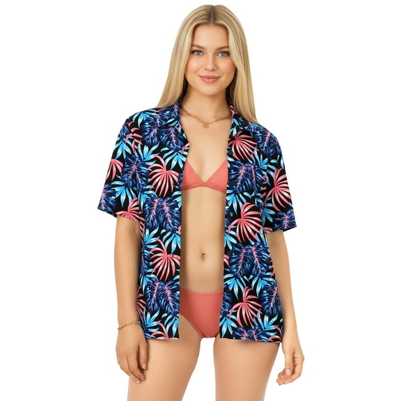 LA LEELA Women's Casual Beach Hawaiian Blouse Shirt V Neck Blouses Button Down Short Sleeve Dress Tops Tee Shirts for Women S Leaves, Multicoloured