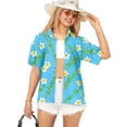 thumbnail image 1 of LA LEELA Women's Casual Beach Hawaiian Blouses Shirt V Neck Blouse Short Sleeve Button Down Dress Tops Tee Shirts for Women L Plumeria Floral, Blue, 1 of 4