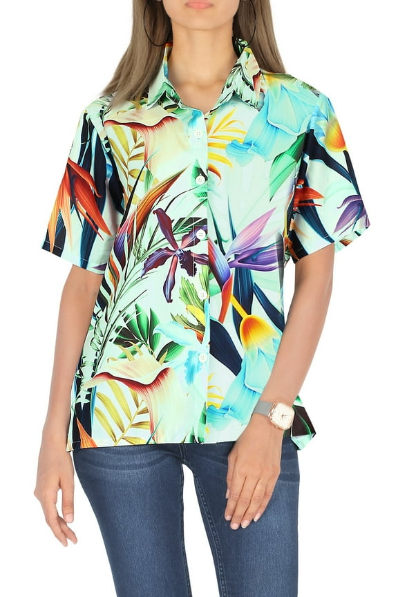 Women's Casual Beach Hawaiian Short Sleeve Blouse Shirt Summer Button Up Dress Tops Tee Shirts Blouses for Women S Allover Leaves, Multicoloured