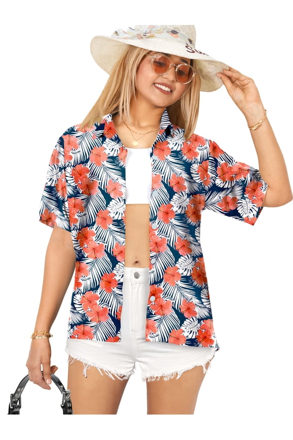 Women's Casual Beach Short Sleeve Blouse Shirt Blouses Button Down Dress Tops Tee Hawaiian Shirts for Women M Tropical, Blue