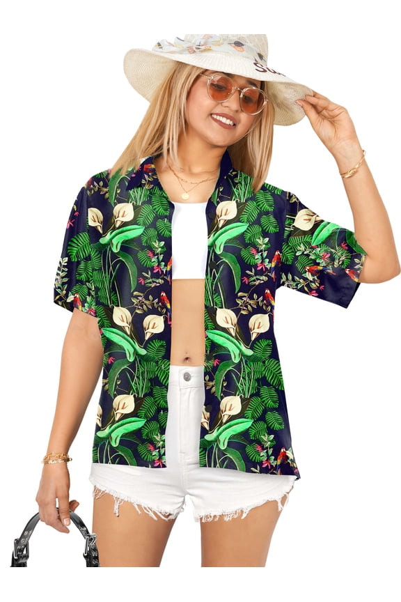 Women's Casual Beach Short Sleeve Blouse Shirt Blouses Button Down Dress Tops Tee Hawaiian Shirts for Women S Hibiscus, Blue